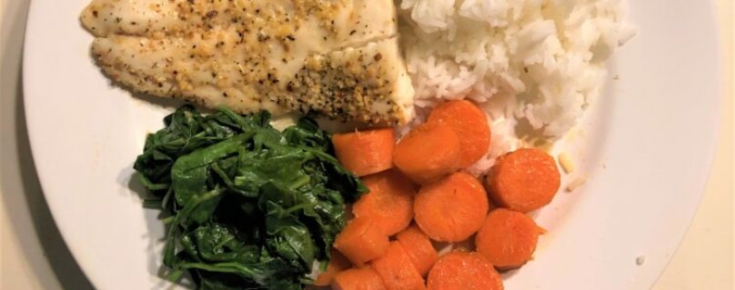 Cod, sweet potatoes, carrots, spinach, and Jasmine rice